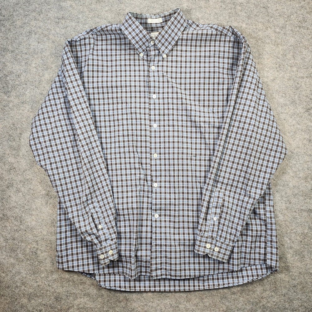 Burma Bibas Shirt Men XL Blue Brown Plaid Button Down Oversized Casual Travel